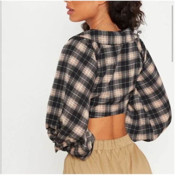 🪞 NEW tie front bubble sleeve plaid wrap top - Picture 3 of 4